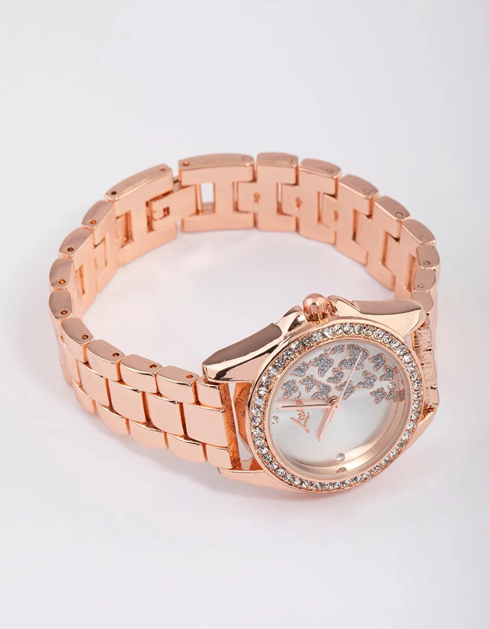 Rose Gold Coloured Butterfly Diamante Link Watch