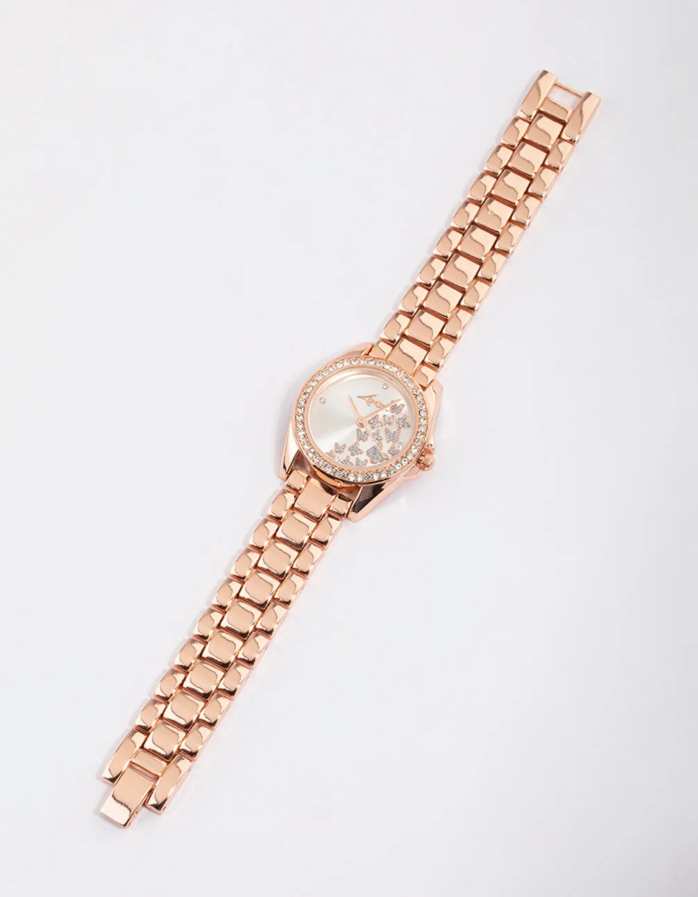 Rose Gold Coloured Butterfly Diamante Link Watch