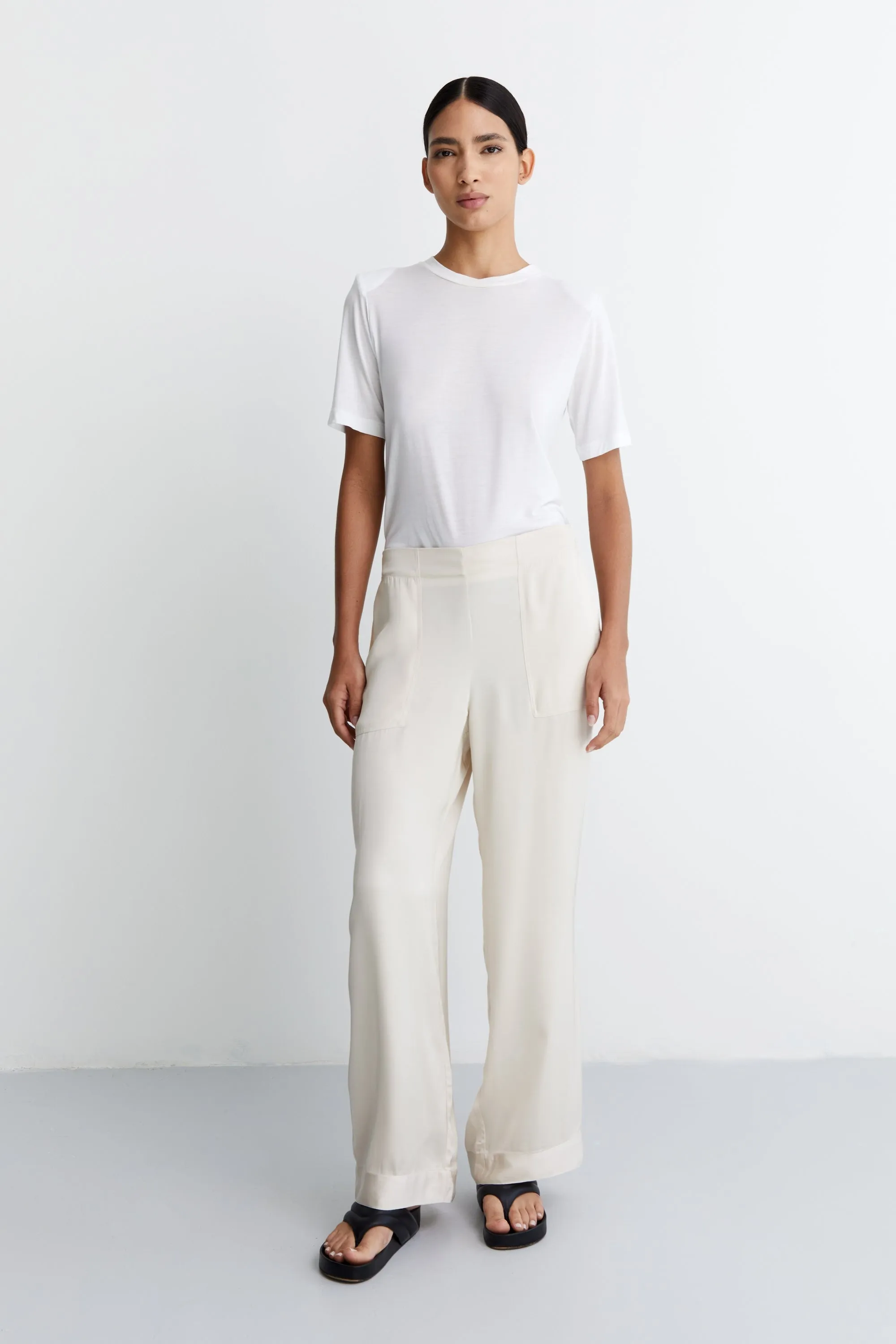 SARAH - VEGAN SILK PALAZZO PANT- IVORY