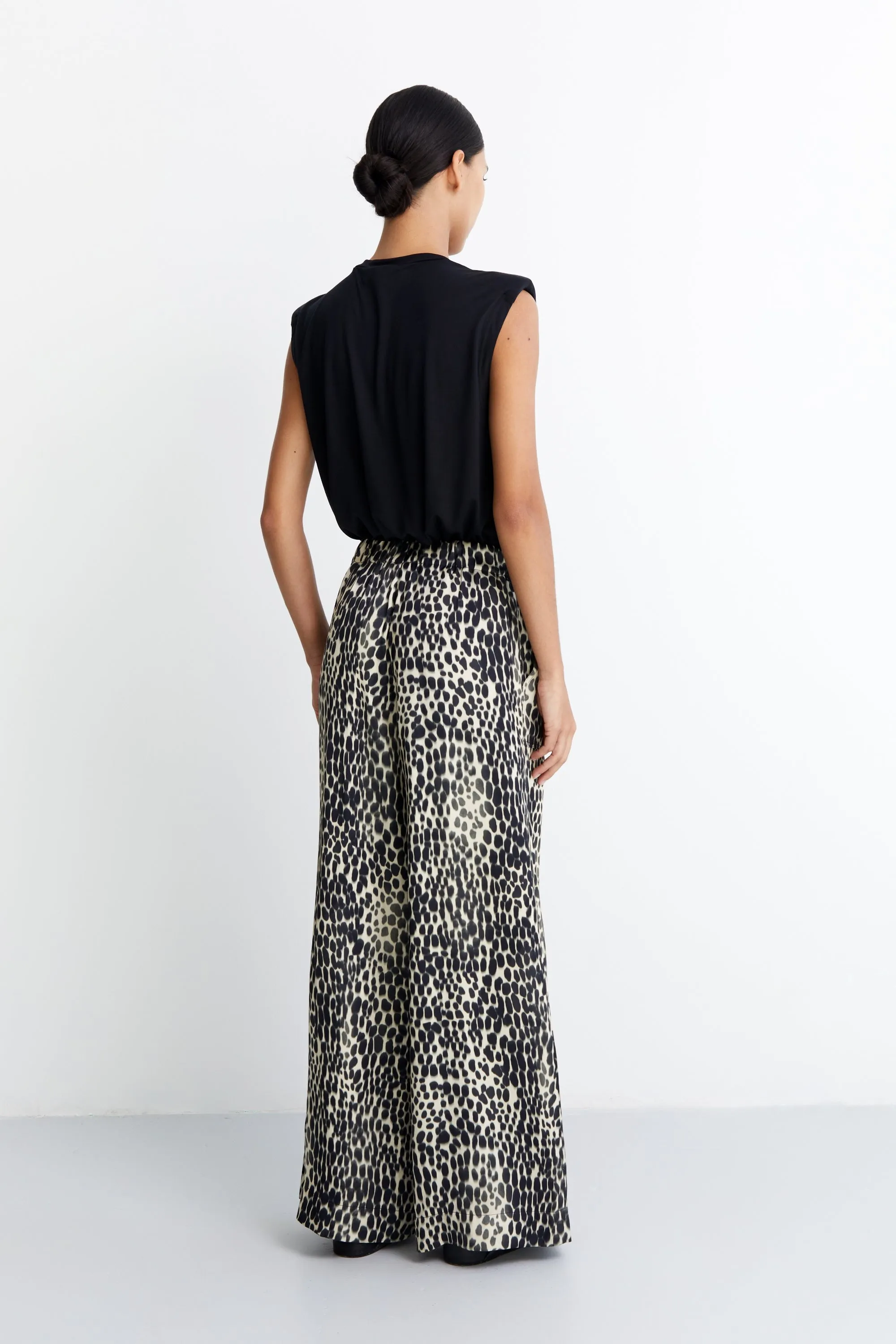 SARAH - VEGAN SILK PALAZZO PANT- IVORY/BLACK MULTI