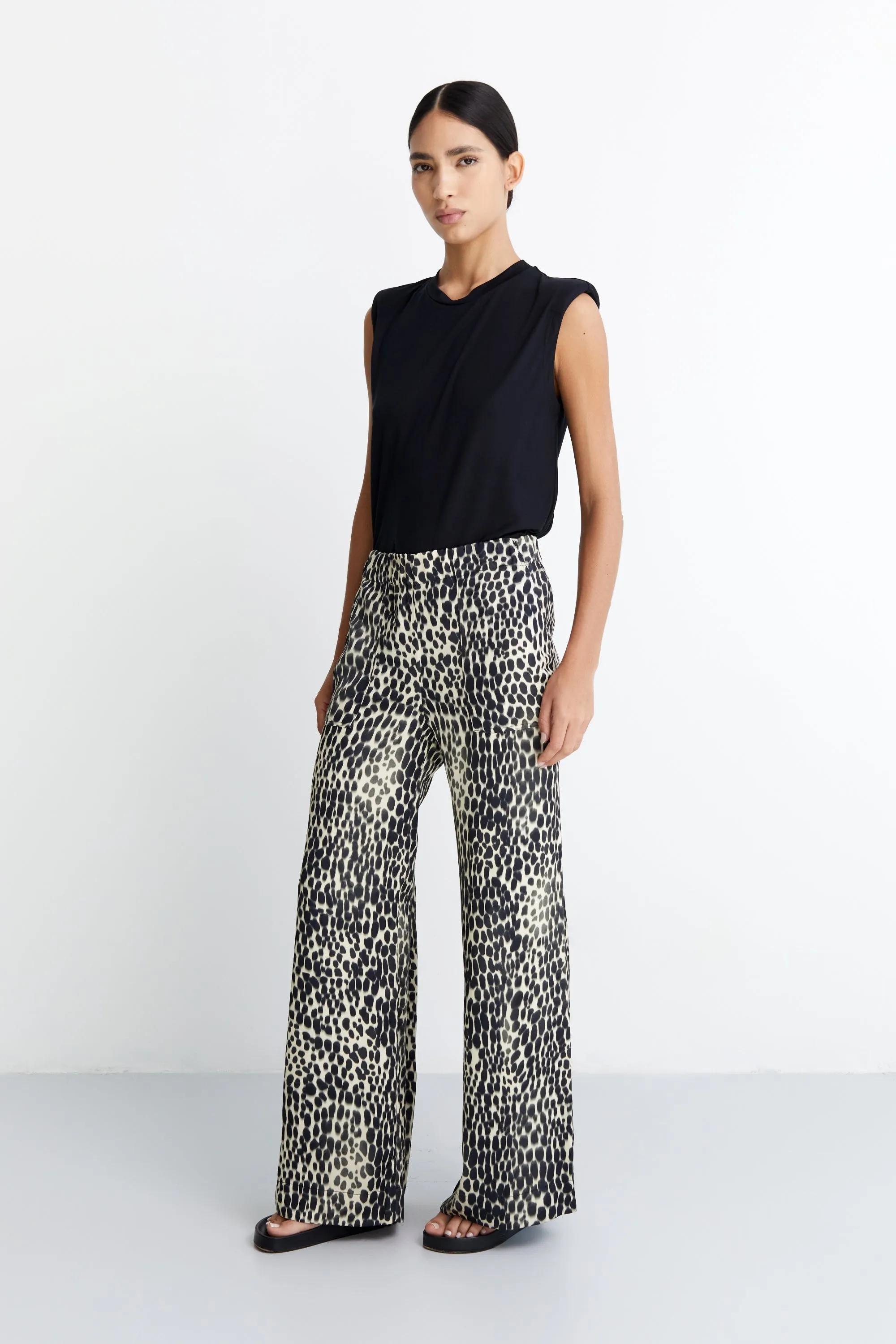 SARAH - VEGAN SILK PALAZZO PANT- IVORY/BLACK MULTI