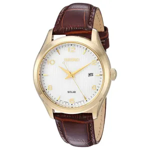 Seiko Mens Japanese Quartz White Dial Brown Band Stainless Steel Calfskin Strap Watch - SNE492