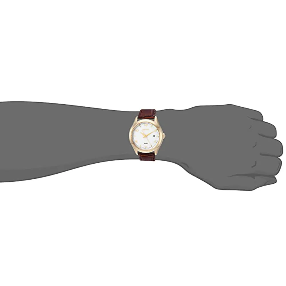 Seiko Mens Japanese Quartz White Dial Brown Band Stainless Steel Calfskin Strap Watch - SNE492