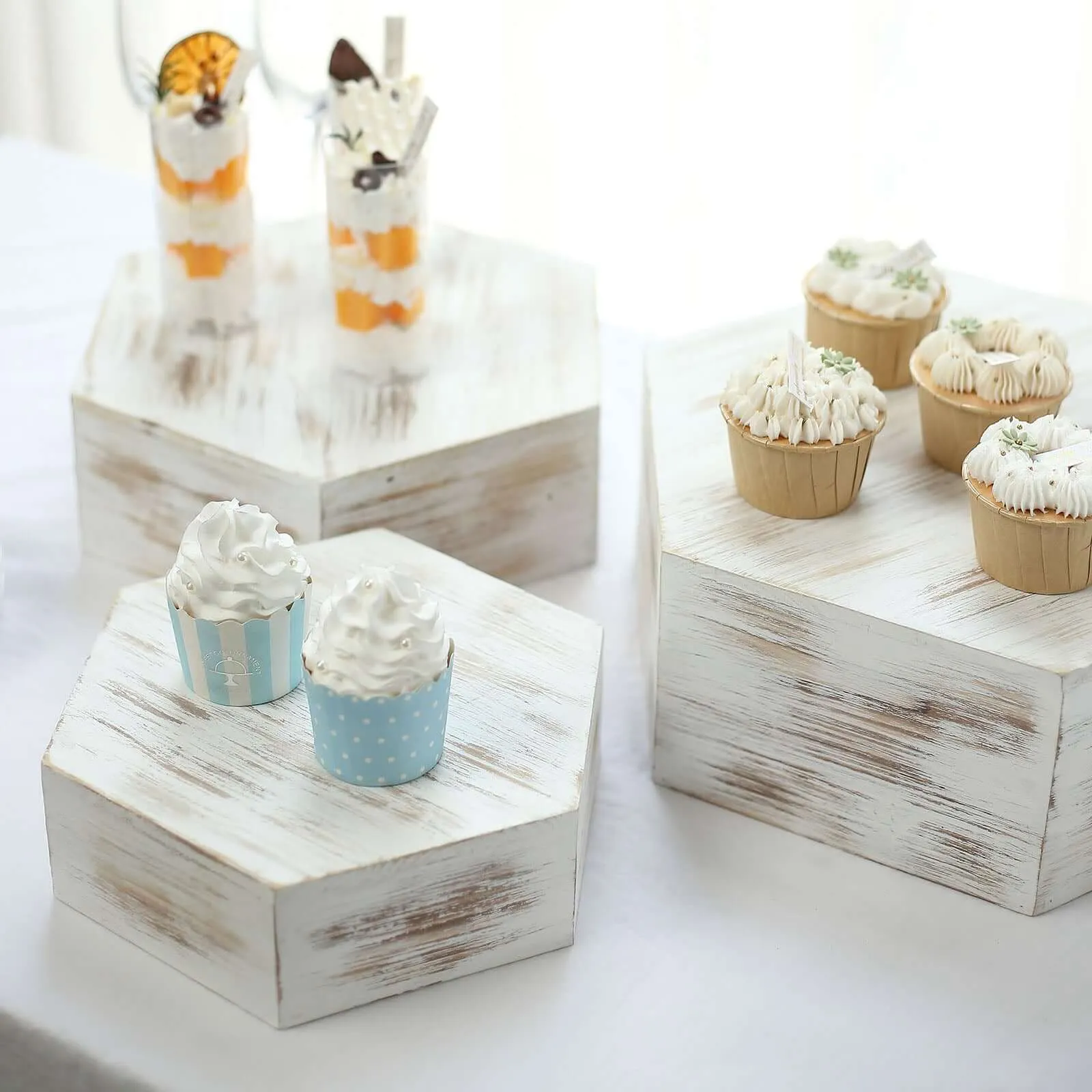 Set of 3 Wooden Dessert Display Boxes 9", 11", 13" Whitewashed Hexagonal Design - Stackable Riser Cake Stand