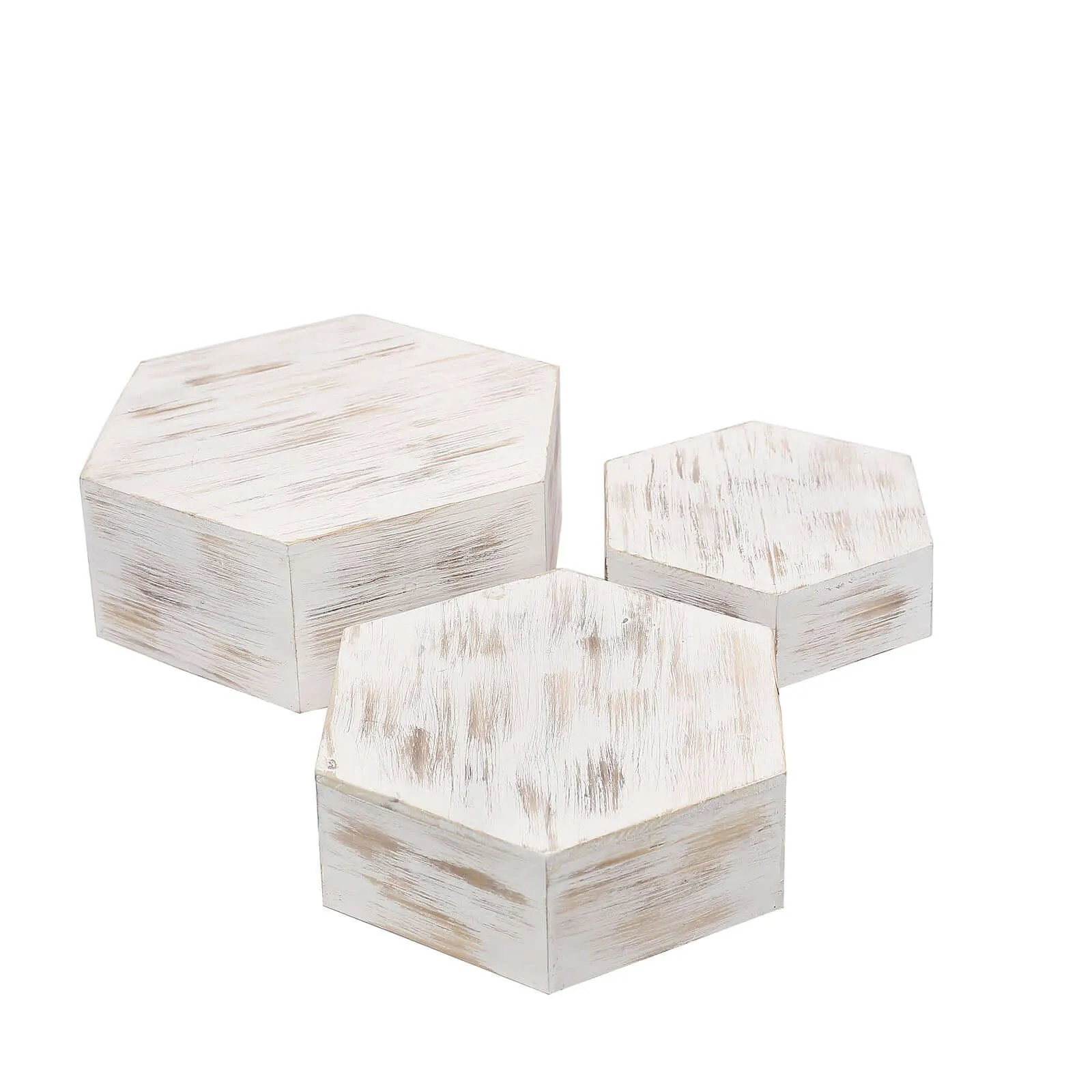 Set of 3 Wooden Dessert Display Boxes 9", 11", 13" Whitewashed Hexagonal Design - Stackable Riser Cake Stand