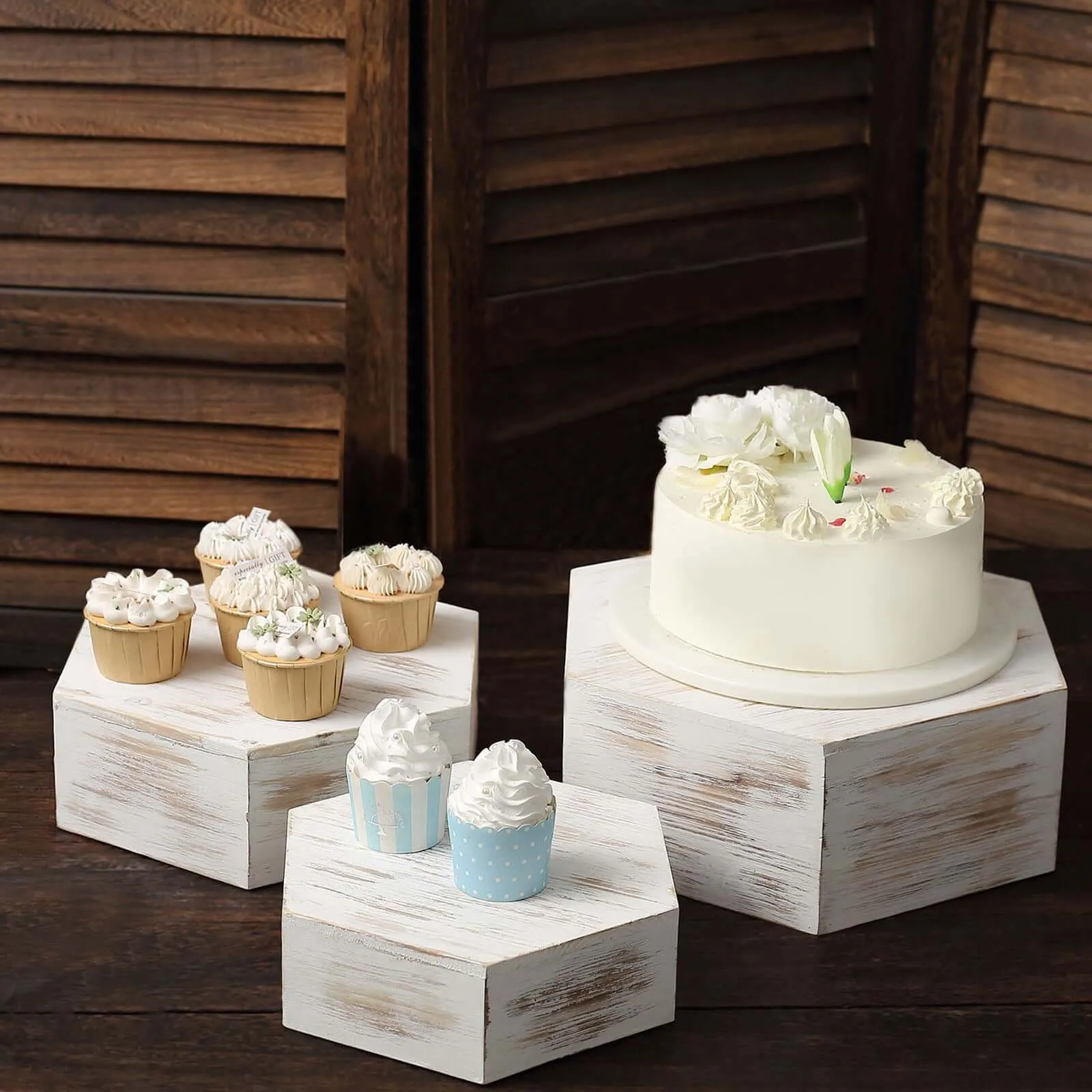 Set of 3 Wooden Dessert Display Boxes 9", 11", 13" Whitewashed Hexagonal Design - Stackable Riser Cake Stand