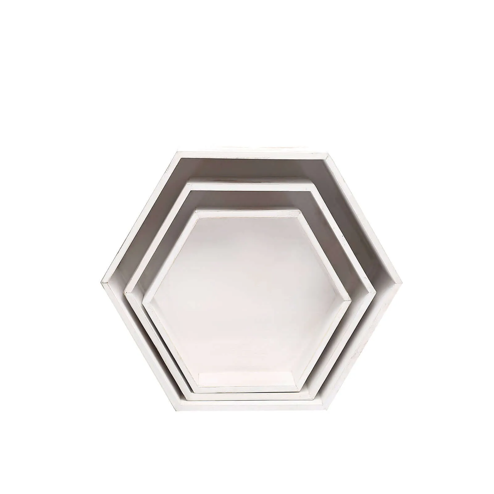 Set of 3 Wooden Dessert Display Boxes 9", 11", 13" Whitewashed Hexagonal Design - Stackable Riser Cake Stand
