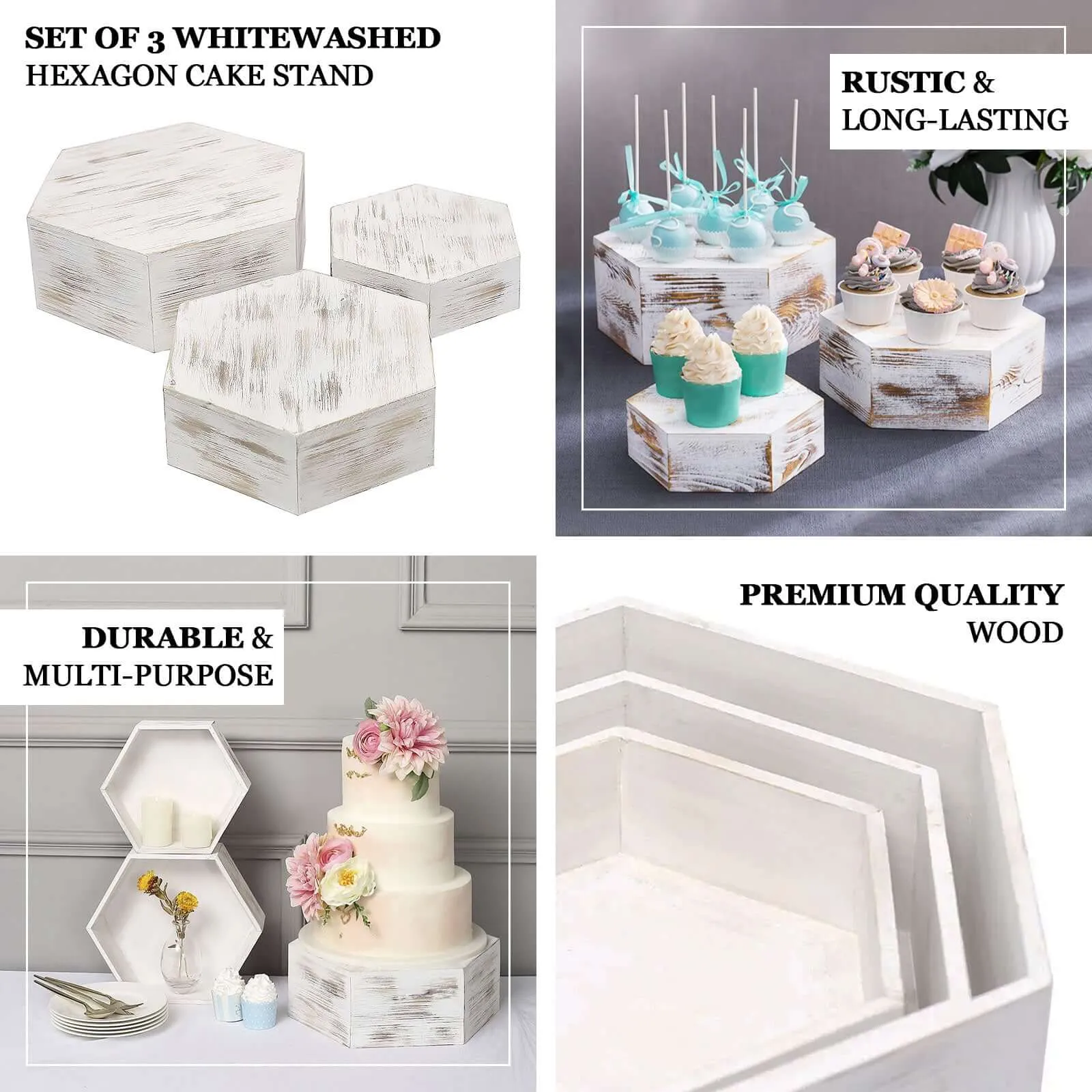 Set of 3 Wooden Dessert Display Boxes 9", 11", 13" Whitewashed Hexagonal Design - Stackable Riser Cake Stand
