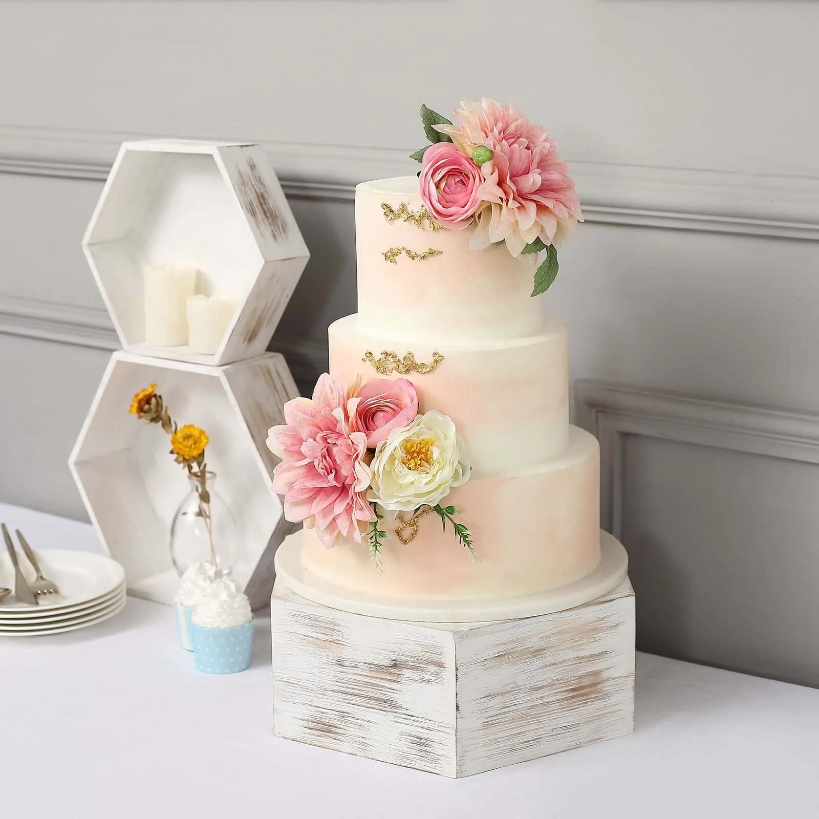 Set of 3 Wooden Dessert Display Boxes 9", 11", 13" Whitewashed Hexagonal Design - Stackable Riser Cake Stand