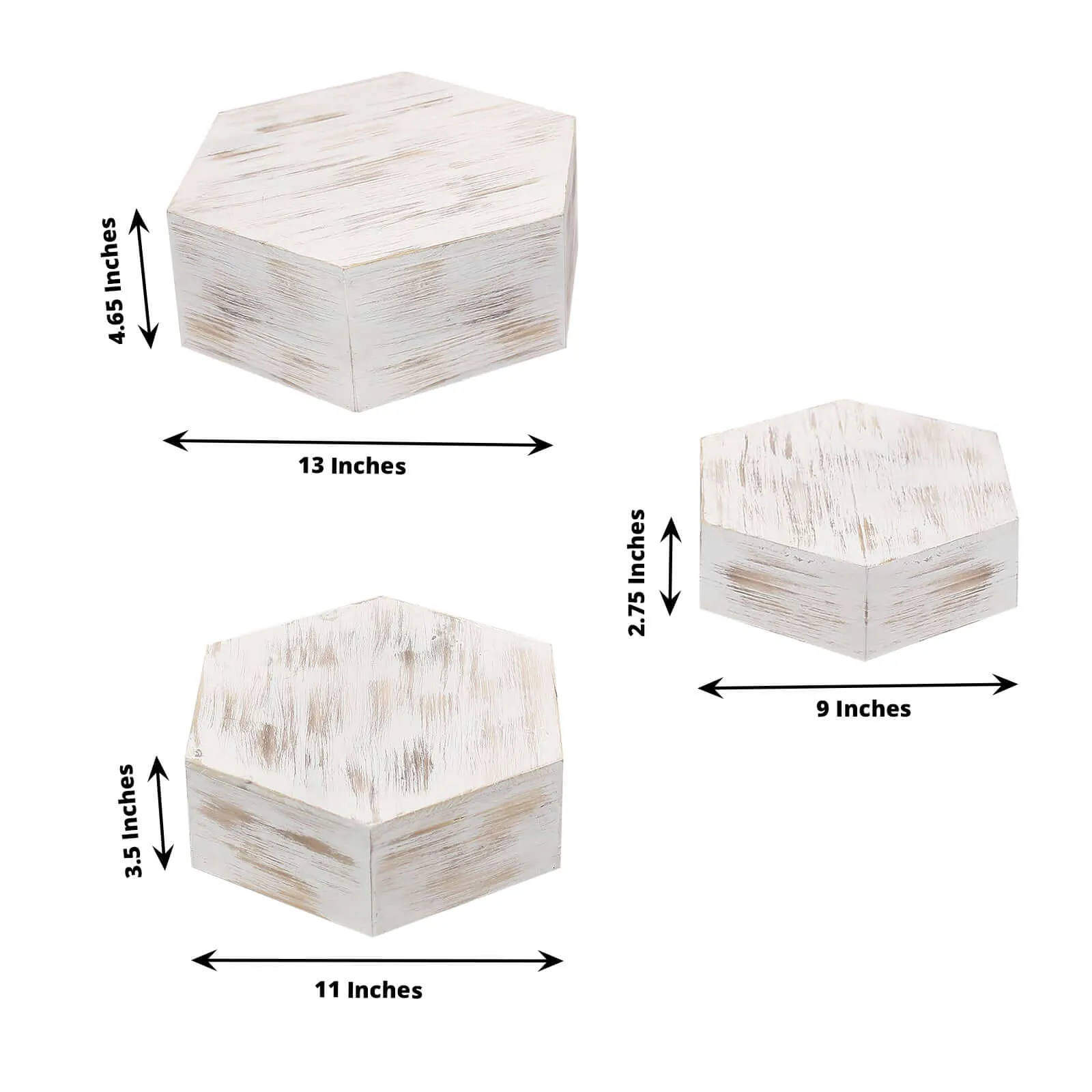 Set of 3 Wooden Dessert Display Boxes 9", 11", 13" Whitewashed Hexagonal Design - Stackable Riser Cake Stand