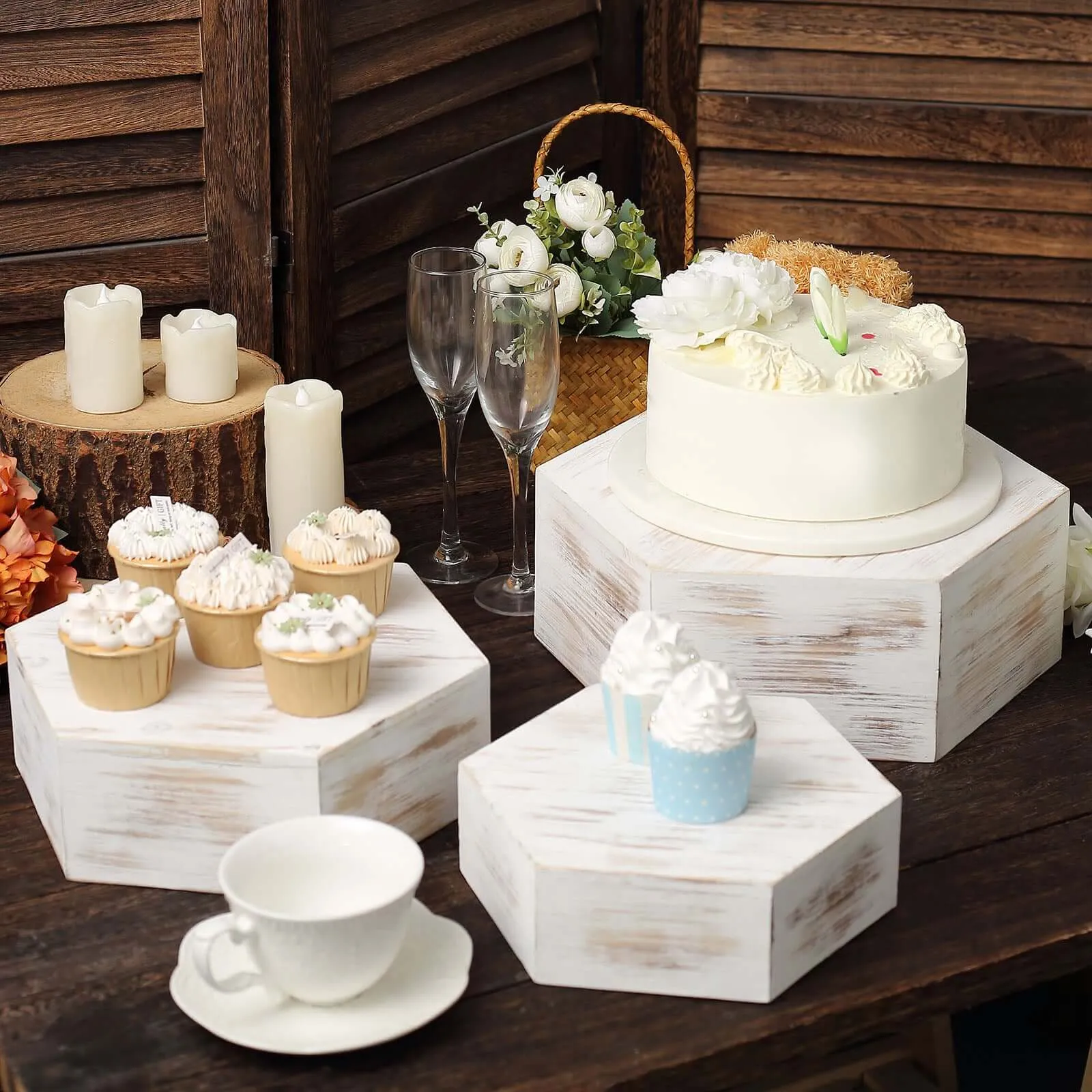 Set of 3 Wooden Dessert Display Boxes 9", 11", 13" Whitewashed Hexagonal Design - Stackable Riser Cake Stand