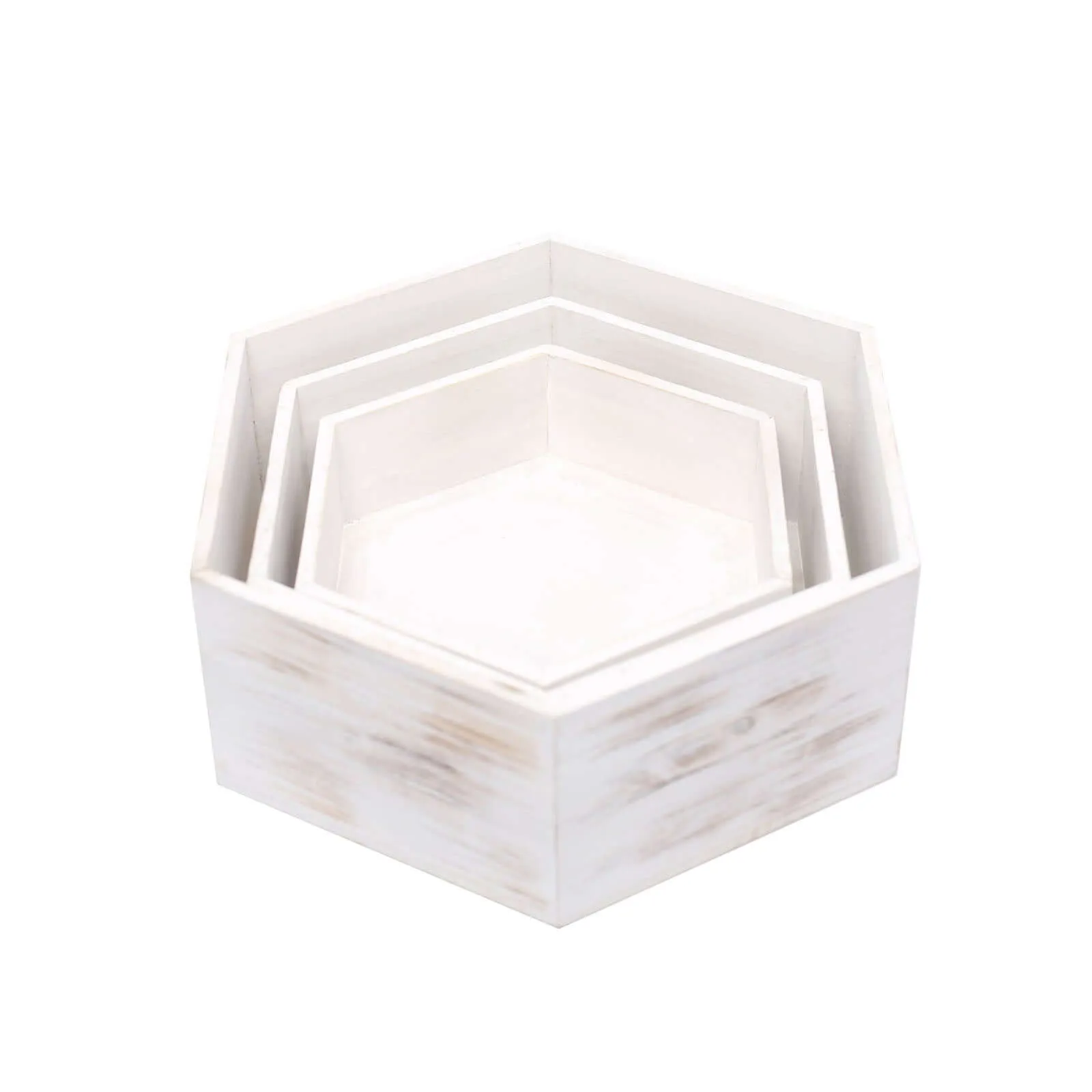 Set of 3 Wooden Dessert Display Boxes 9", 11", 13" Whitewashed Hexagonal Design - Stackable Riser Cake Stand