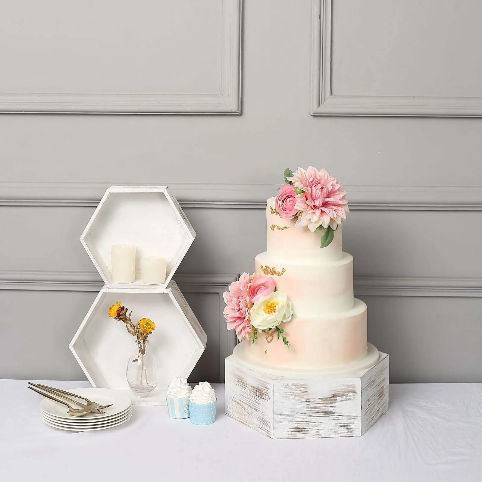 Set of 3 Wooden Dessert Display Boxes 9", 11", 13" Whitewashed Hexagonal Design - Stackable Riser Cake Stand