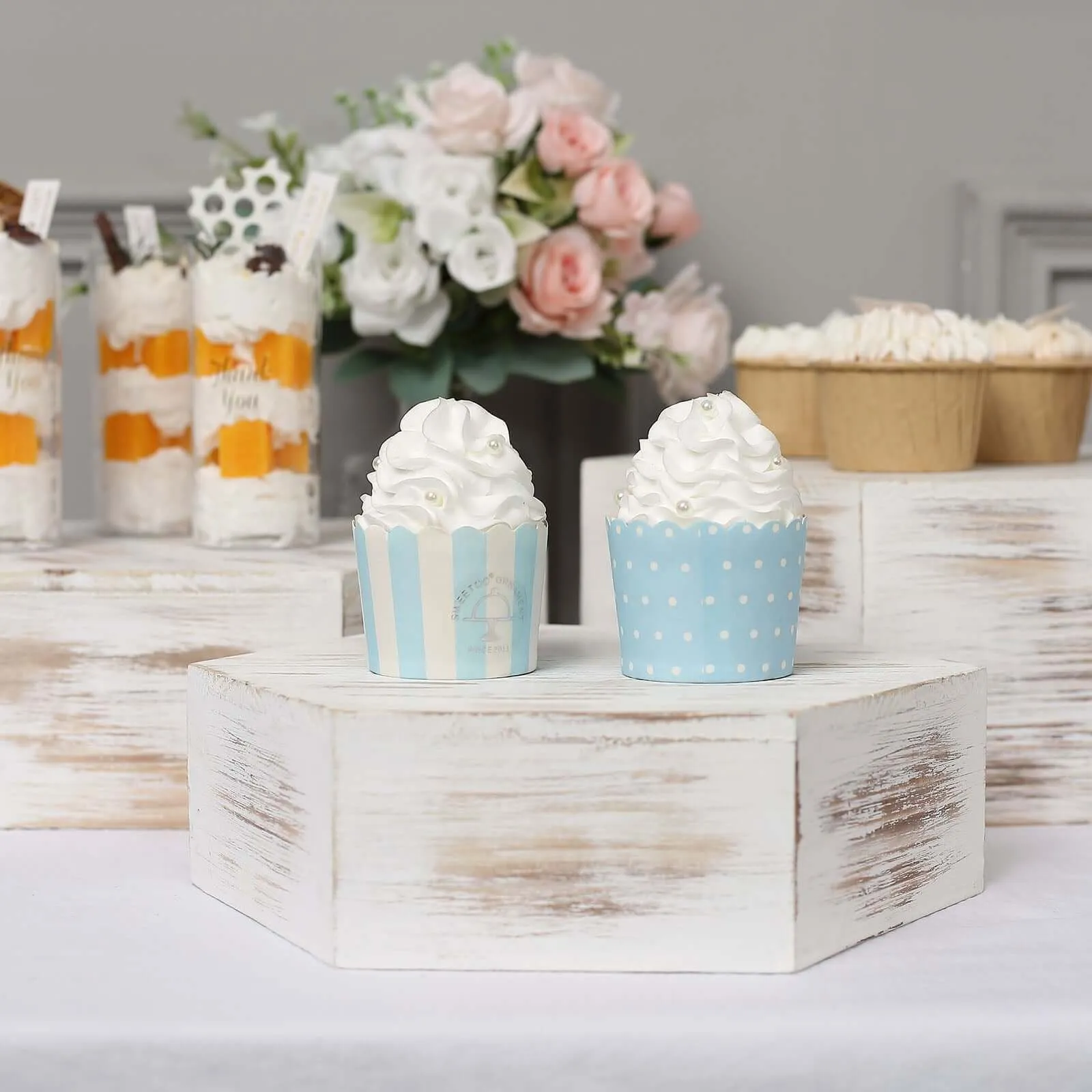 Set of 3 Wooden Dessert Display Boxes 9", 11", 13" Whitewashed Hexagonal Design - Stackable Riser Cake Stand