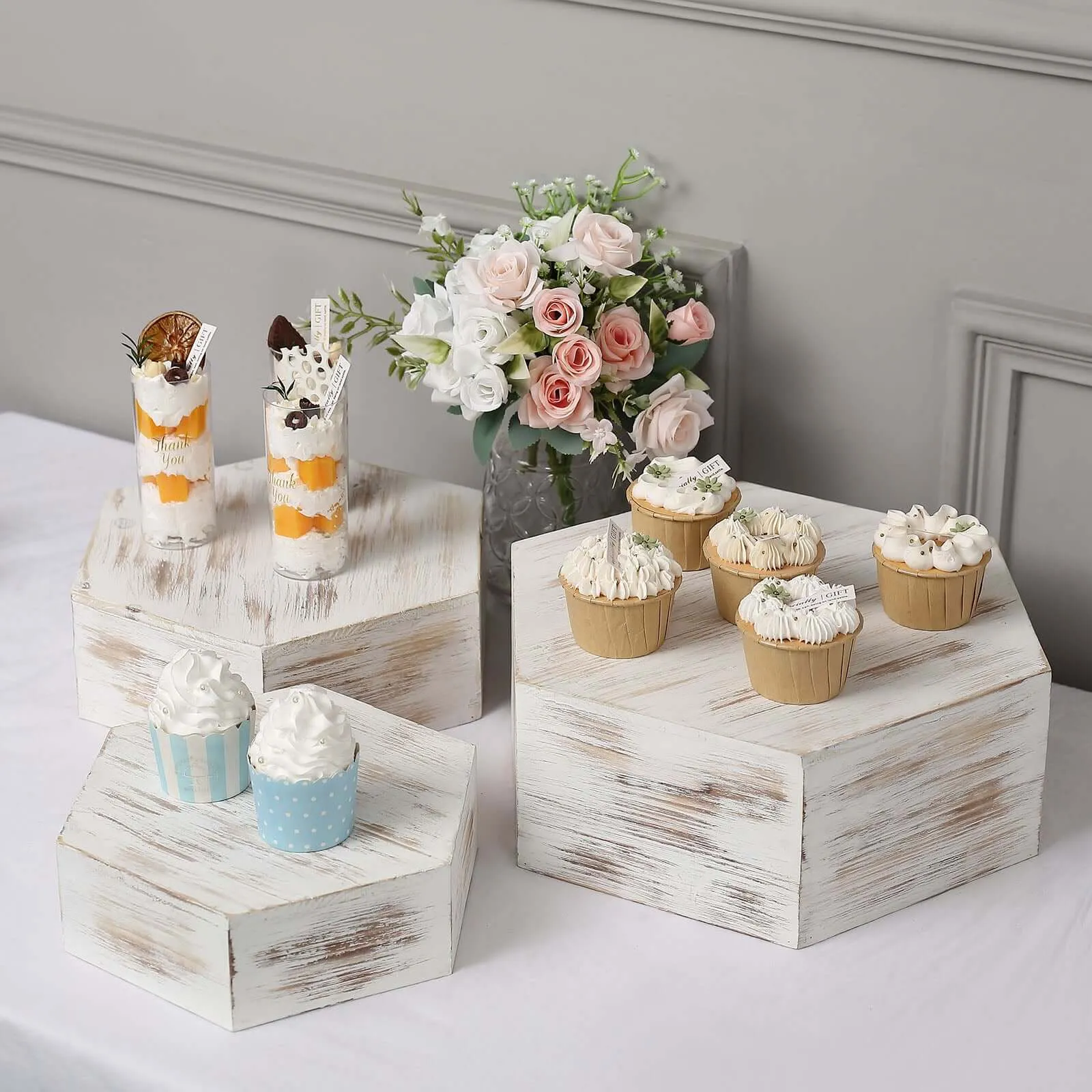Set of 3 Wooden Dessert Display Boxes 9", 11", 13" Whitewashed Hexagonal Design - Stackable Riser Cake Stand