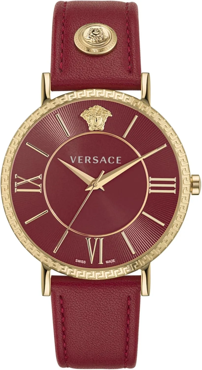 Versace V-Eternal Collection Luxury Mens Watch Timepieces with a Red Strap and Dial Featuring a Gold Case