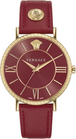 Versace V-Eternal Collection Luxury Mens Watch Timepieces with a Red Strap and Dial Featuring a Gold Case