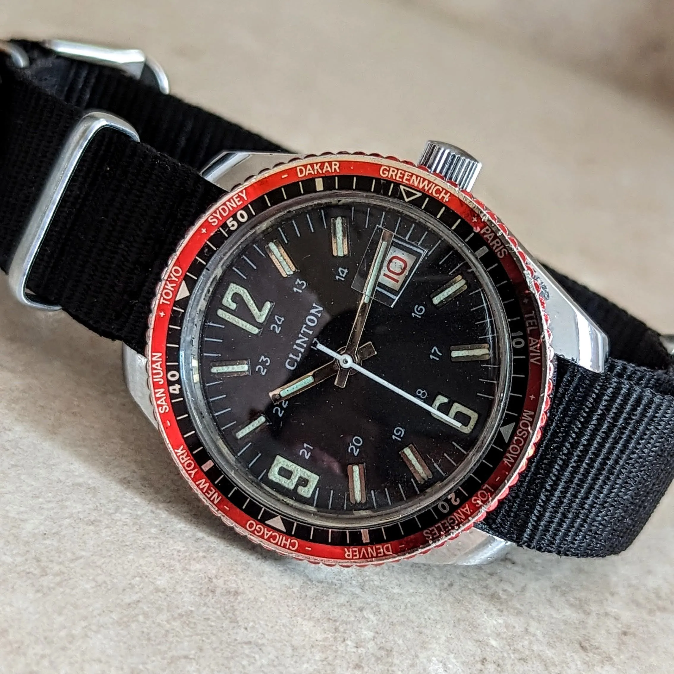 Vintage CLINTON Wristwatch Date & World Time Watch 17 Jewels GMT Watch