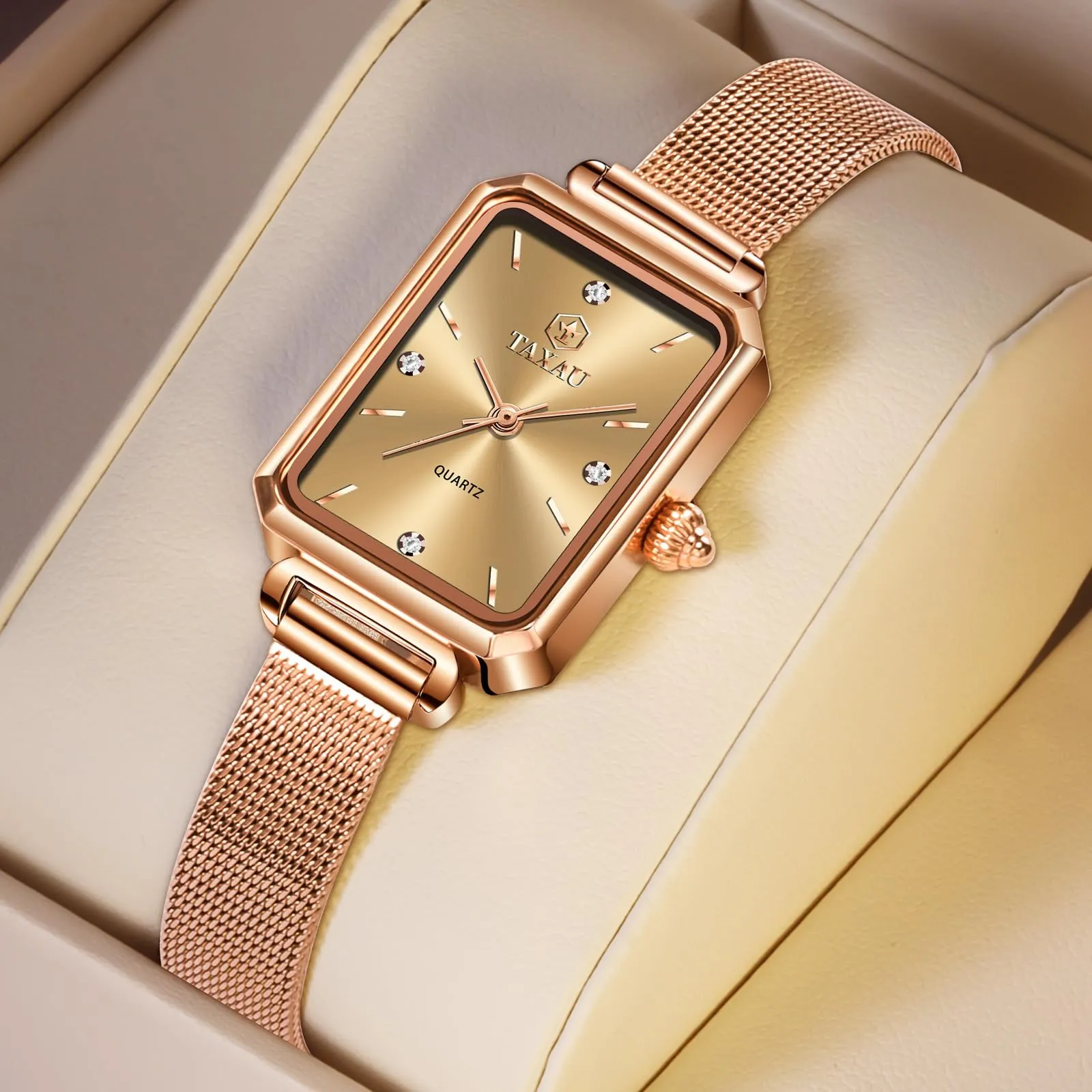 Women's Casual Watch, Rose Gold Tone Mesh Bracelet Stainless Steel Square Dress Watches for Women, Fashion Business Analog Quartz Ladies Small Wrist Watch